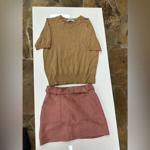 Vintage-Inspired Tan Sweater & Dusty Rose Mini Skirt Set (Zara & Bershka)